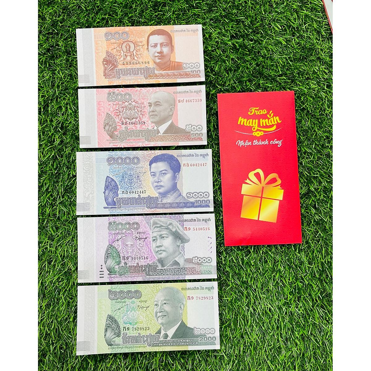 Bộ tiền Campuchia 100 500 1000 2000 5000 Riels [5 TỜ] hình ảnh chùa nổi tiếng, mới 100% UNC, tặng bao lì xì