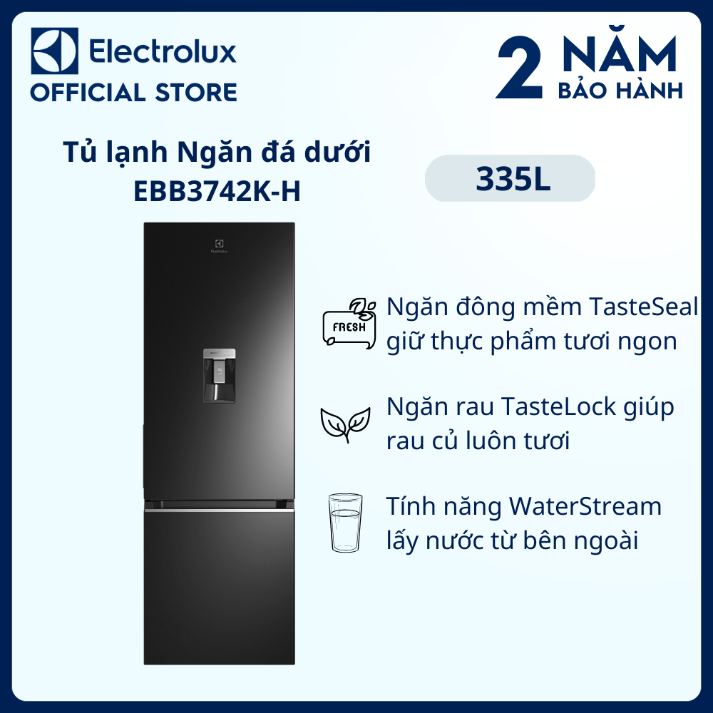 [Miễn phí giao hàng toàn quốc] Tủ lạnh Electrolux Inverter UltimateTaste 300 ngăn đá dưới có ngăn đông mềm 335 lít - EBB3742K-H - Lấy nước từ bên ngoài tiện dụng, khử mùi diệt khuẩn, đá xoay tiện lợi [Hàng chính hãng]