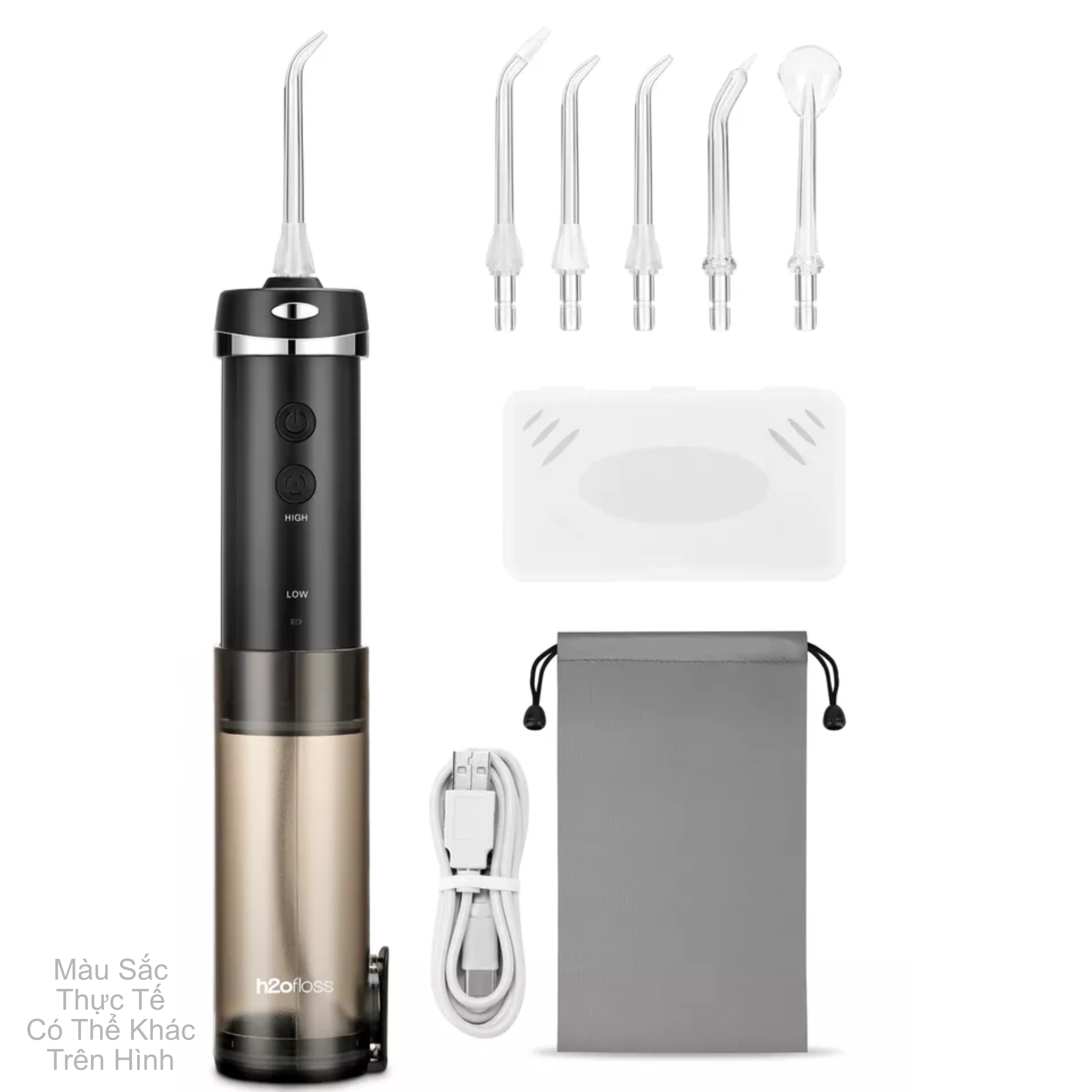 Tăm Nước Cầm Tay H2Ofloss Hf - 10, Phiên Bản Tăm Nước Mini Nhỏ Gọn Chỉ 14.5 Cm Dành Cho Người Di Chuyển Nhiều - Mini Đen