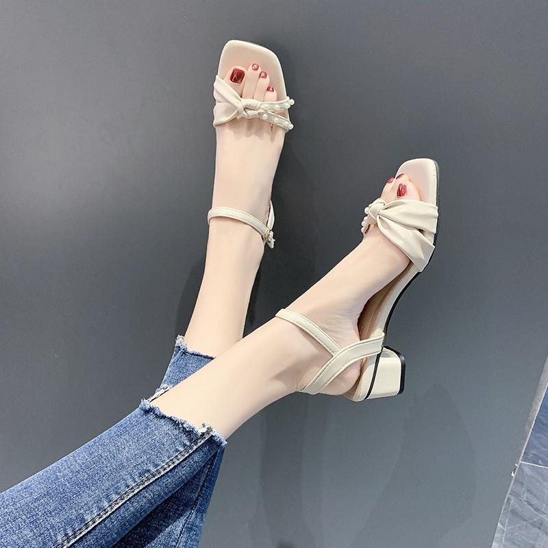 Giày sandal cao gót nữ dây xoắn đính ngọc phong cách Hàn Quốc công sở cá tính nữ tính đế 5cm - Mã S64