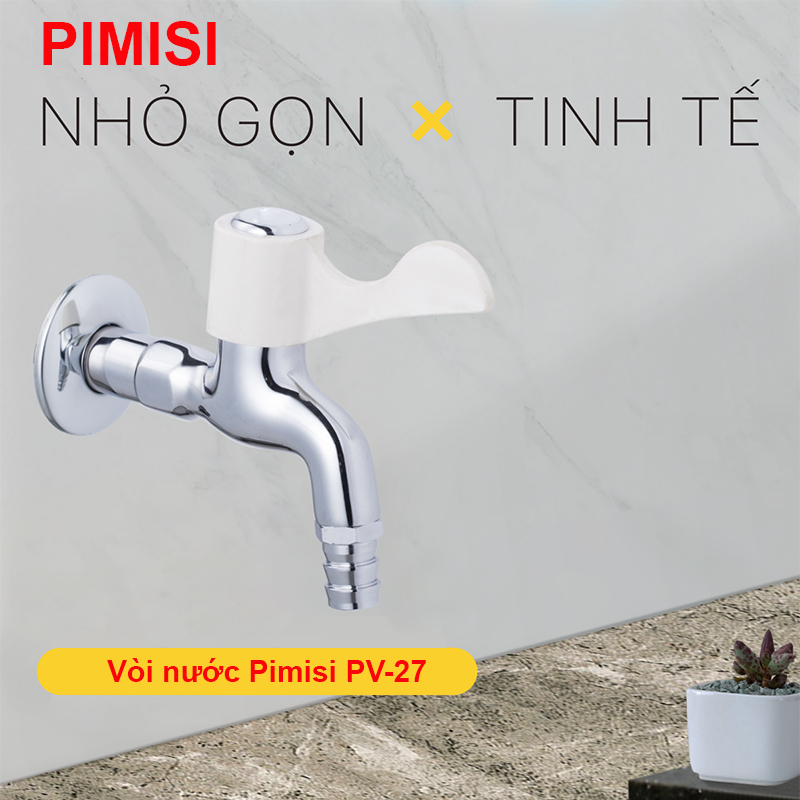 Vòi xả nước lạnh gắn tường Pimisi bằng đồng thau mạ crom - niken sáng bóng cao cấp dùng làm vòi hồ nước lạnh rửa tay chân, lấy nước máy giặt hoặc xả rửa sàn ban công tưới cây gạt tay mở 90 độ | Hàng chính hãng