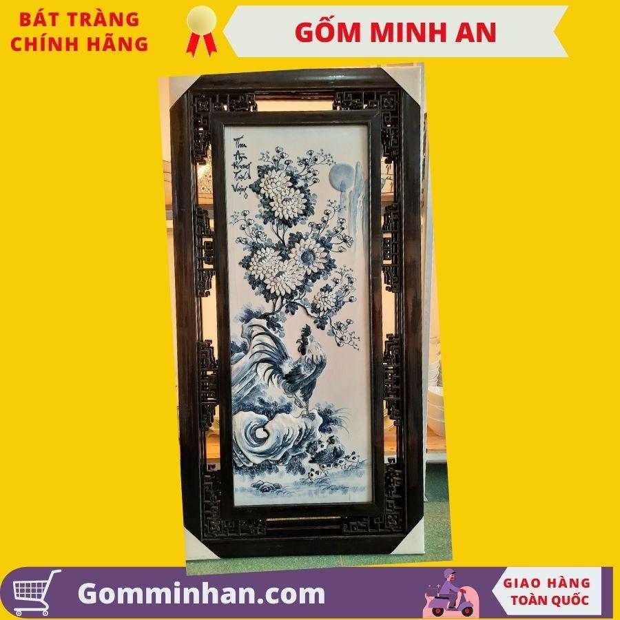 Tranh gốm sứ tứ quý vẽ Xuân Hạ Thu Đông đắp nổi men chàm cổ gốm sứ Minh An Bát Tràng kích thước 95x50cm