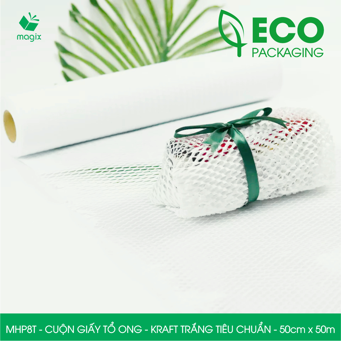 MHP8T - 50cm x 50m - Cuộn giấy tổ ong gói quà, gói hàng chống sốc - Kraft trắng kem Tiêu Chuẩn