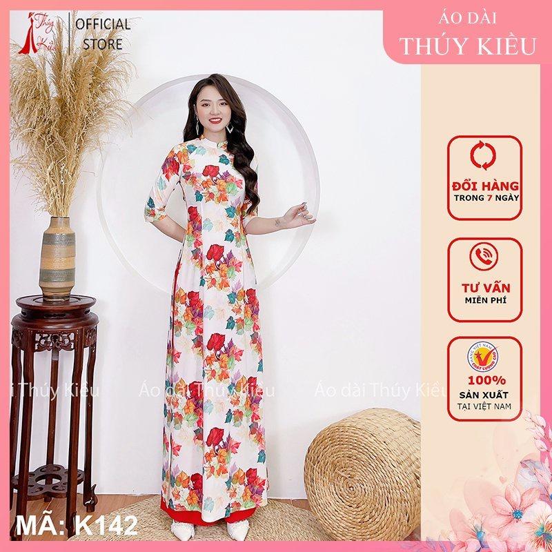 Áo dài nữ may sẵn thiết kế đẹp cách tân tết nền trắng lá nho K142 Thúy Kiều mềm mại, co giãn, áo dài giá rẻ