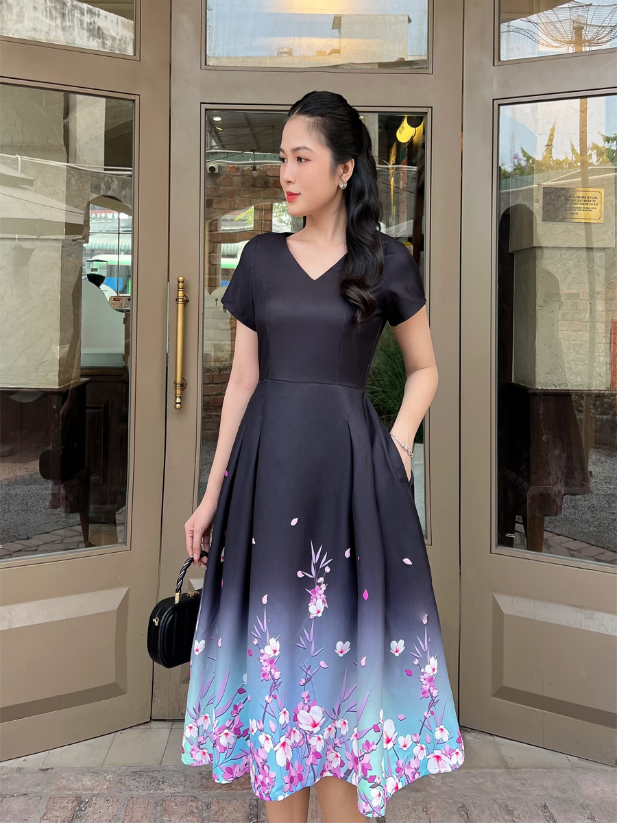 [HCM] Đầm xòe in chân hoa 3D thanh lịch AD074 - Khánh Linh Style