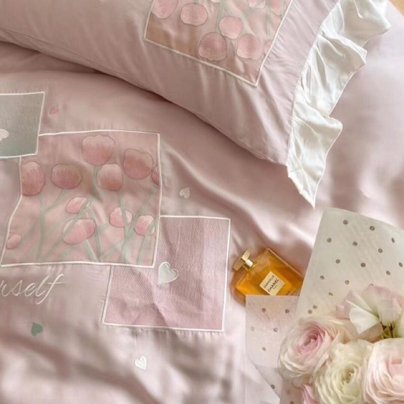 Bộ chăn ga gối hoạ tiết hoa Tulip chất liệu Tencel 60s 4 món