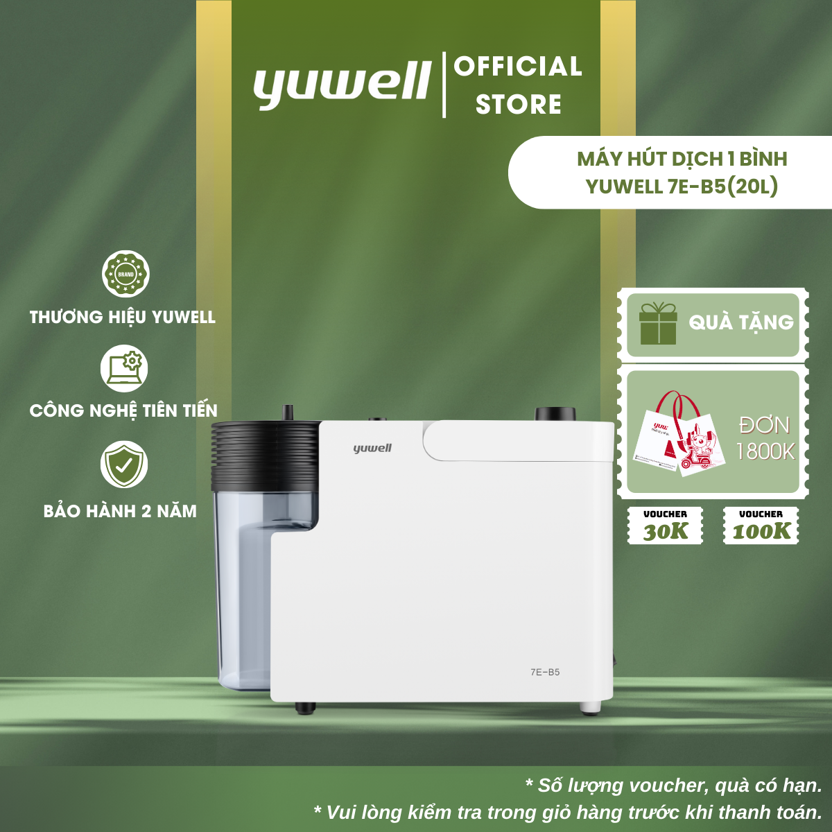 Máy Hút Dịch 1 Bình Công Suất Lớn YUWELL 7E-B5(20L) - Nhập Khẩu Chính Hãng - Bảo Hành 2 Năm