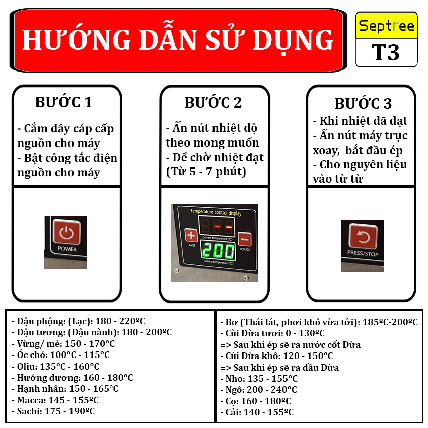 Máy ÉP DẦU THỰC VẬT Thương hiệu Mỹ cao cấp Septree - T3, Công suất lớn 1200W - Hàng Nhập Khẩu, Bảo Hành 1 Năm