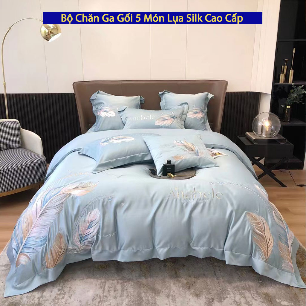 Bộ Chăn Ga Gối Đệm 5 Món Lụa Silk Anabele Cao Cấp Chuẩn Khách Sạn 5 Sao Bộ Drap Ra Ga Nệm Trải Giường