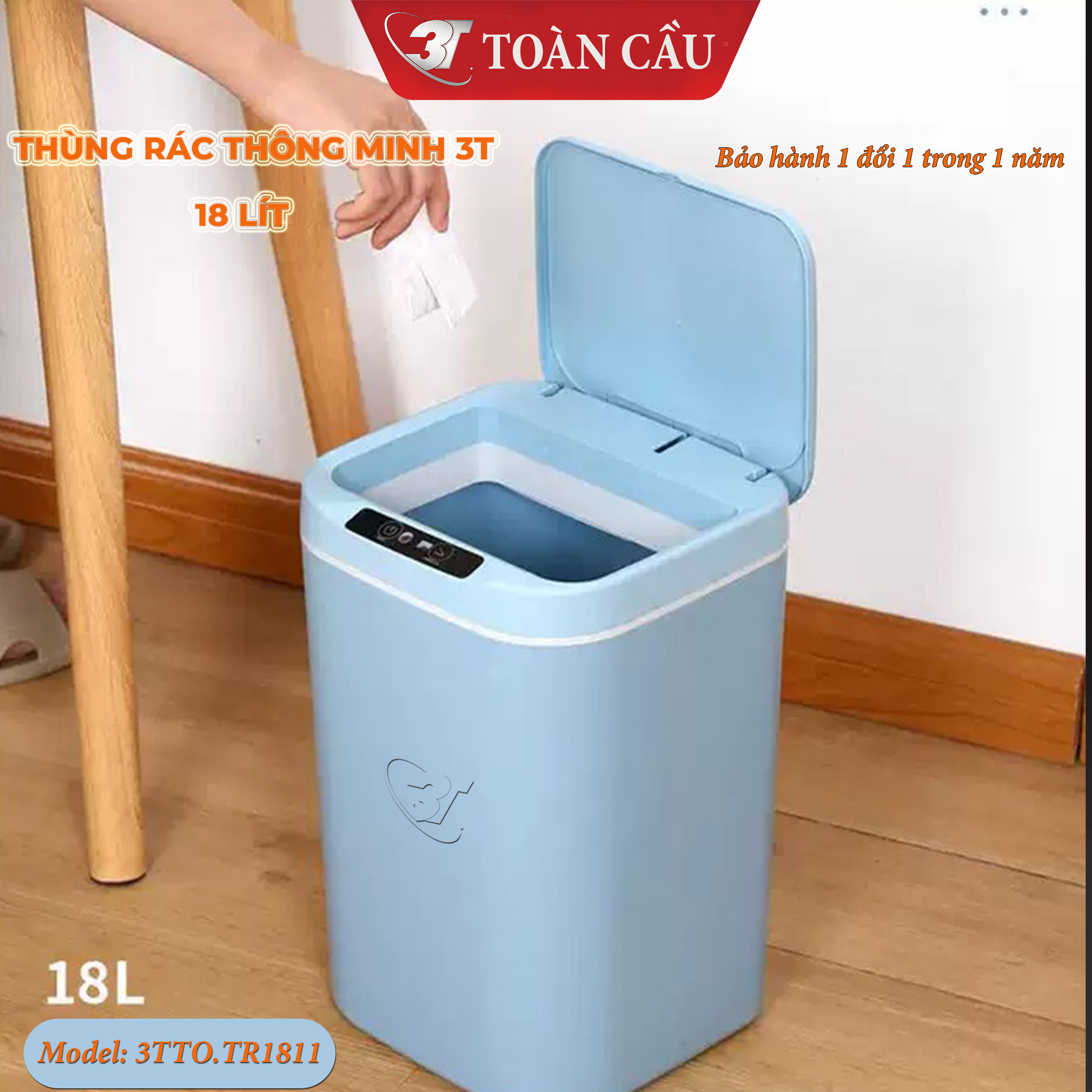 Thùng Rác Cảm Ứng Thông Minh 18L seri 3TTO.TR181X Với 3 Chế Độ Mở Nắp Tự Động Cảm Biến Thông Minh, Sử Dụng Nguồn Sạc