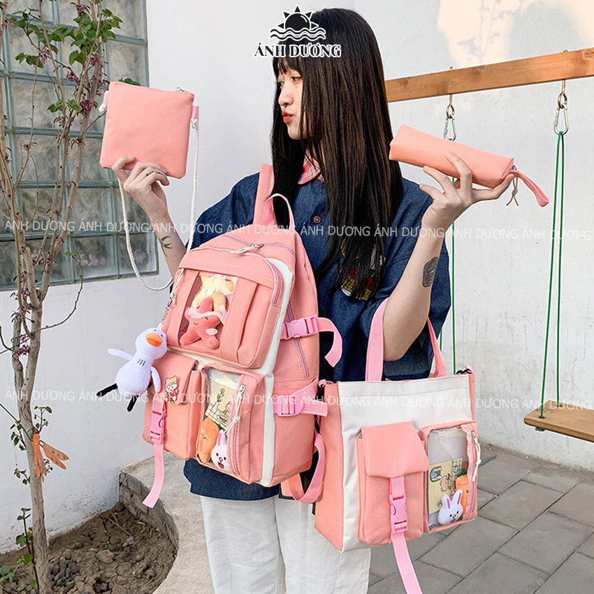 Balo nữ set 4 món đi học đi chơi thời trang hàn quốc Ánh Dương Clothing TB27 cho học sinh sinh viên chống thấm nước tặng kèm phụ kiện trang trí