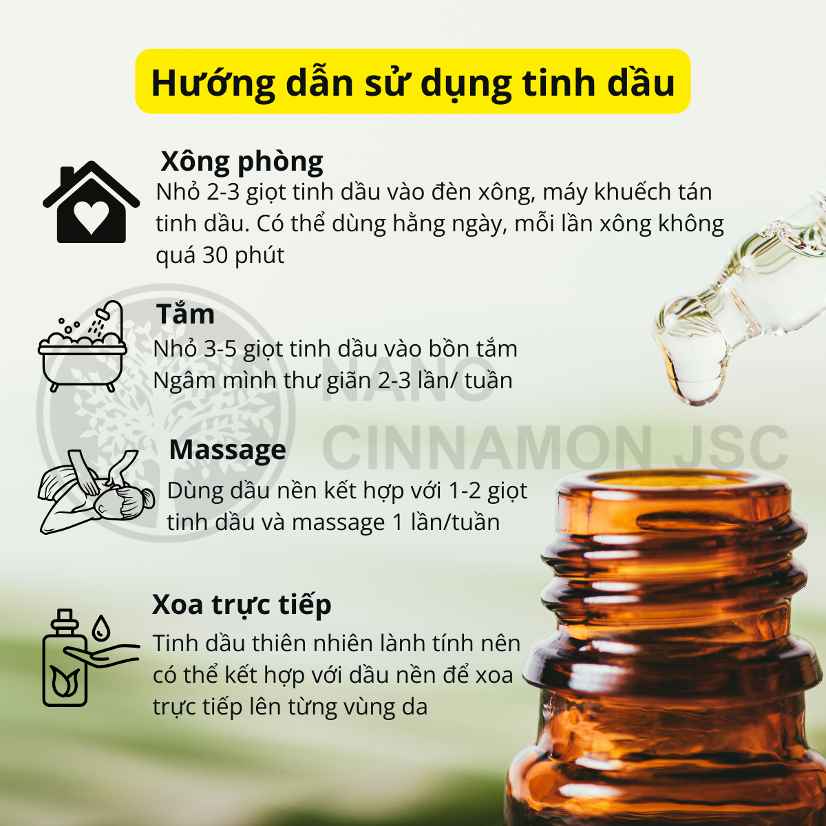 Tinh dầu Quế thiên nhiên nguyên chất Nano Cinnamon 10/30/50/100ml - giữ ấm, thư giãn, giảm căng thẳng, khử mùi. Có kiểm định