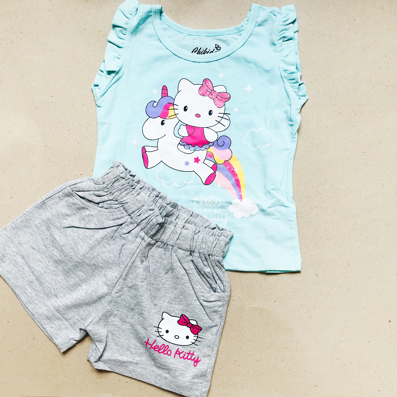 Đồ bộ thun cotton cho bé gái  mèo Hello Kitty cầu vồng xanh tím / set trang phục bé gái dễ thương 1-6T