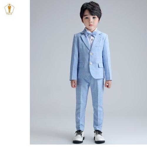 Set bộ vest TRAZ công tử karo màu sáng xám xanh vest đầy tháng thôi nôi bé trai