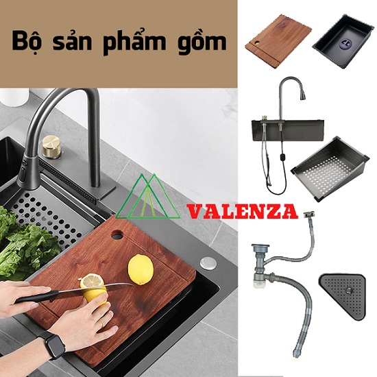 Bồn chậu rửa chén bát 1 hố lớn nano đen Valenza kèm vòi liền thác nước + vòi rút dây 3 chế độ, 2 khay phụ inox, thớt gỗ, bộ xả to-Hàng chính hãng