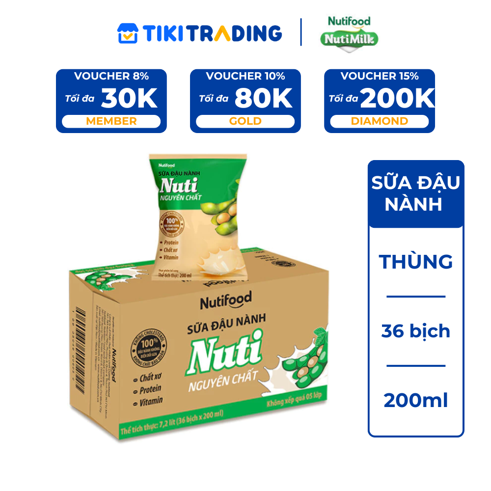 Thùng Sữa Đậu Nành Nutimilk Nguyên Chất 200ml (Bịch 200ml x 36) - Bổ Sung Dinh Dưỡng Từ Hạt Đậu Nành