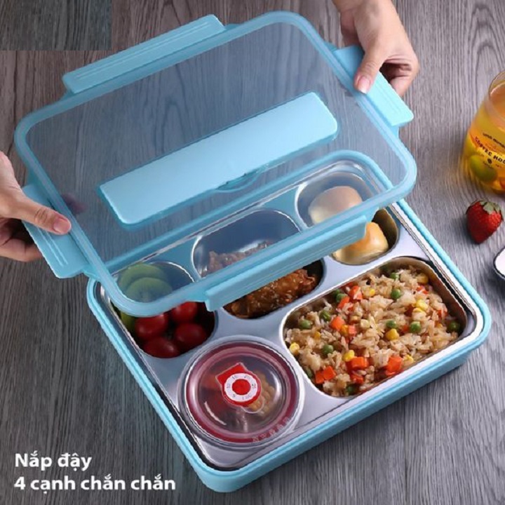 Khay đựng cơm và thức ăn văn phòng 5 ngăn có nắp đậy (Kèm thìa đũa inox) chất liệu inox 304 cao cấp an toàn cho sức khỏe người dùng - Cà men đựng cơm mẫu mới