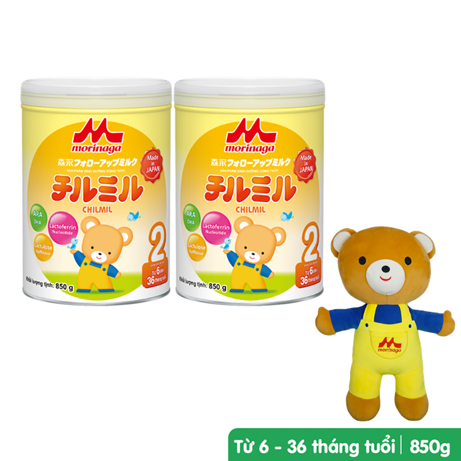 Combo 2 lon Sữa Morinaga số 2 (Chilmil) 850g (6 - 36 tháng) + 1 gấu Teddy Bear Morinaga