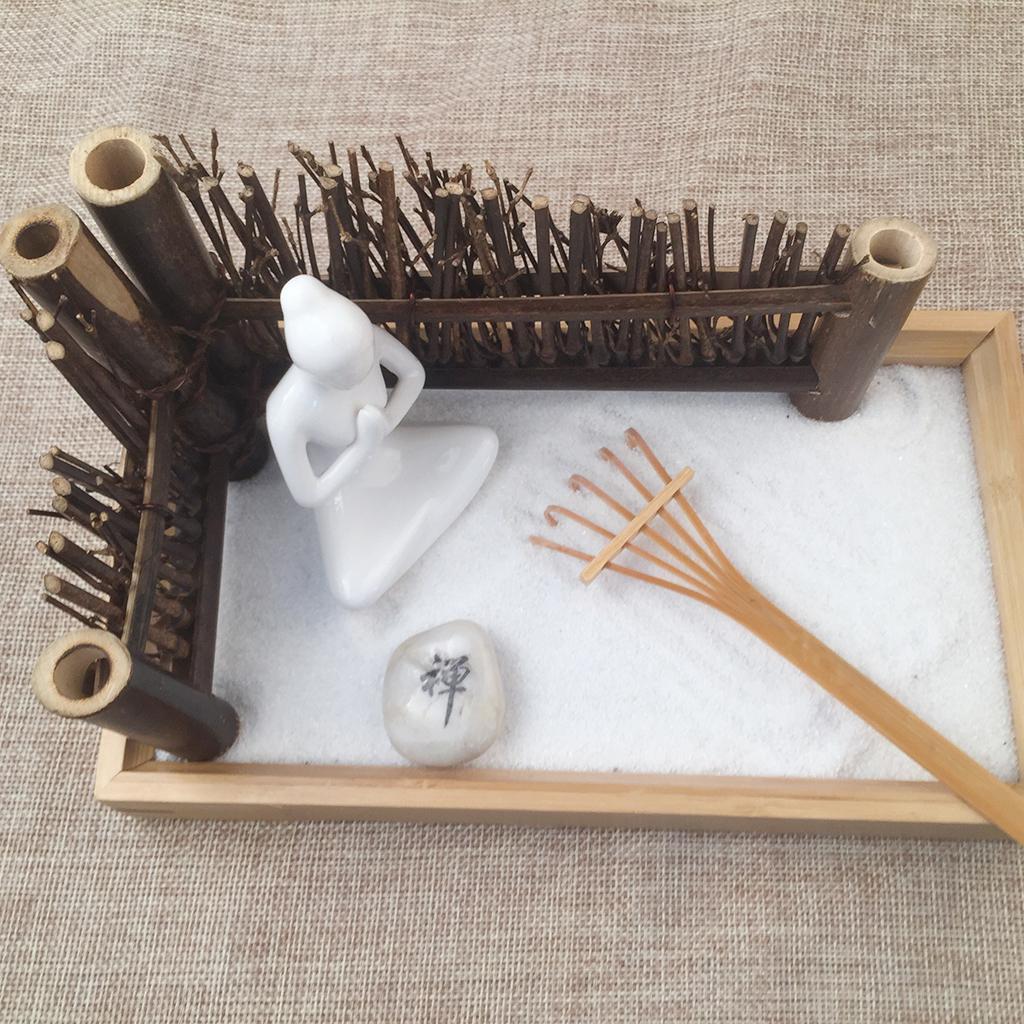 Zen Garden Sand Tray Buddha Stone Rake Bamboo Tray Home Room Ornament #1