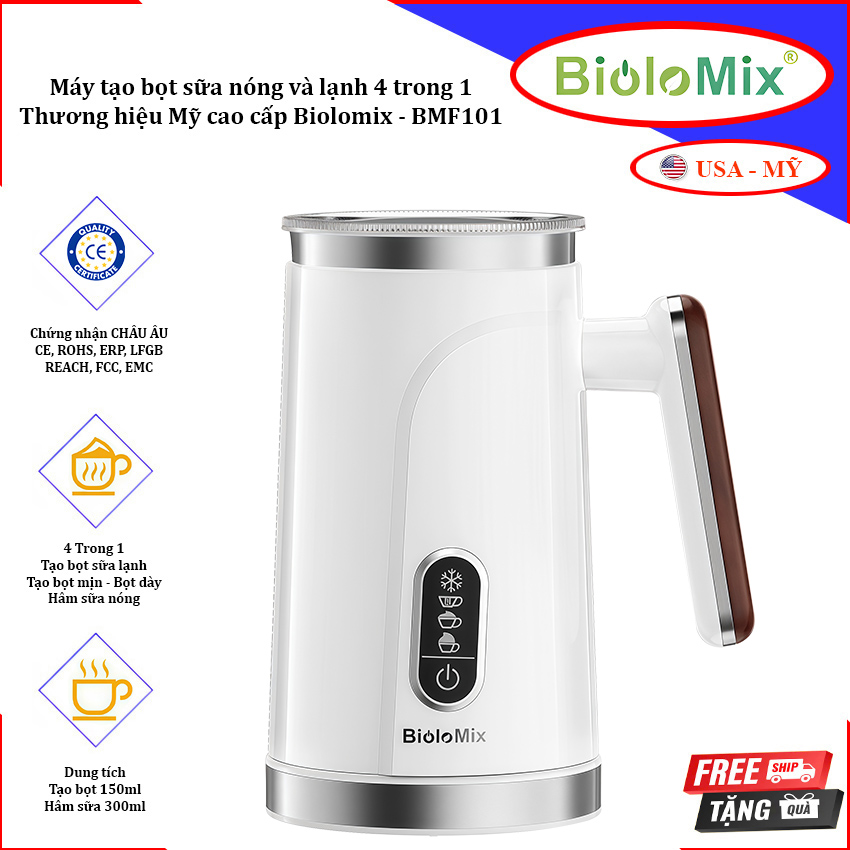 Máy tạo bọt sữa nóng và lạnh 4 trong 1. Thương hiệu Mỹ cao cấp Biolomix - BMF101. Hàng nhập khẩu