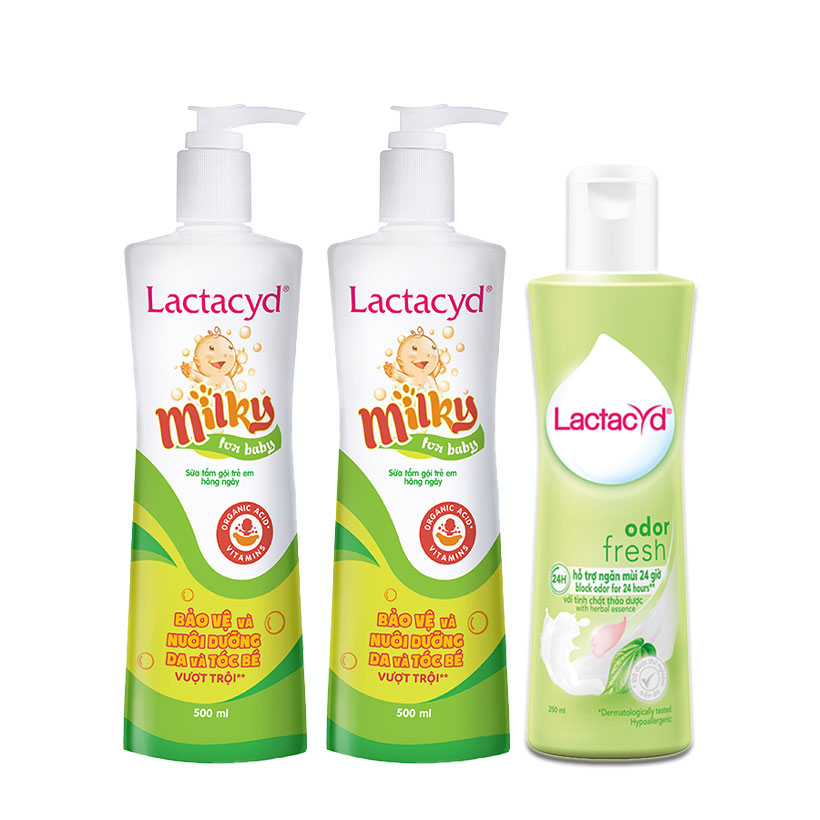 Bộ 2 chai Lactacyd Milky BẢO VỆ, NUÔI DƯỠNG DA &amp; TÓC BÉ VƯỢT TRỘI 500ml/chai + 1 DDVS Odor Fresh NGĂN MÙI 24H 250ml/chai