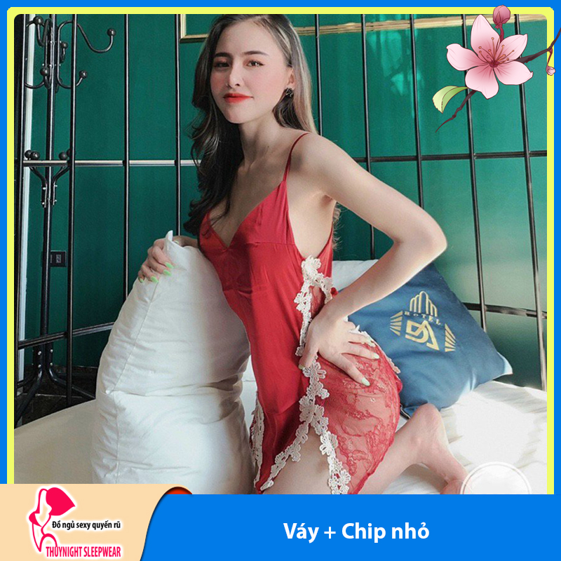 Váy ngủ lụa hai dây ren hông xẻ trước hở lưng quyến rũ Q84 - Đầm ngủ nữ sexy - Đồ ngủ mạc nhà