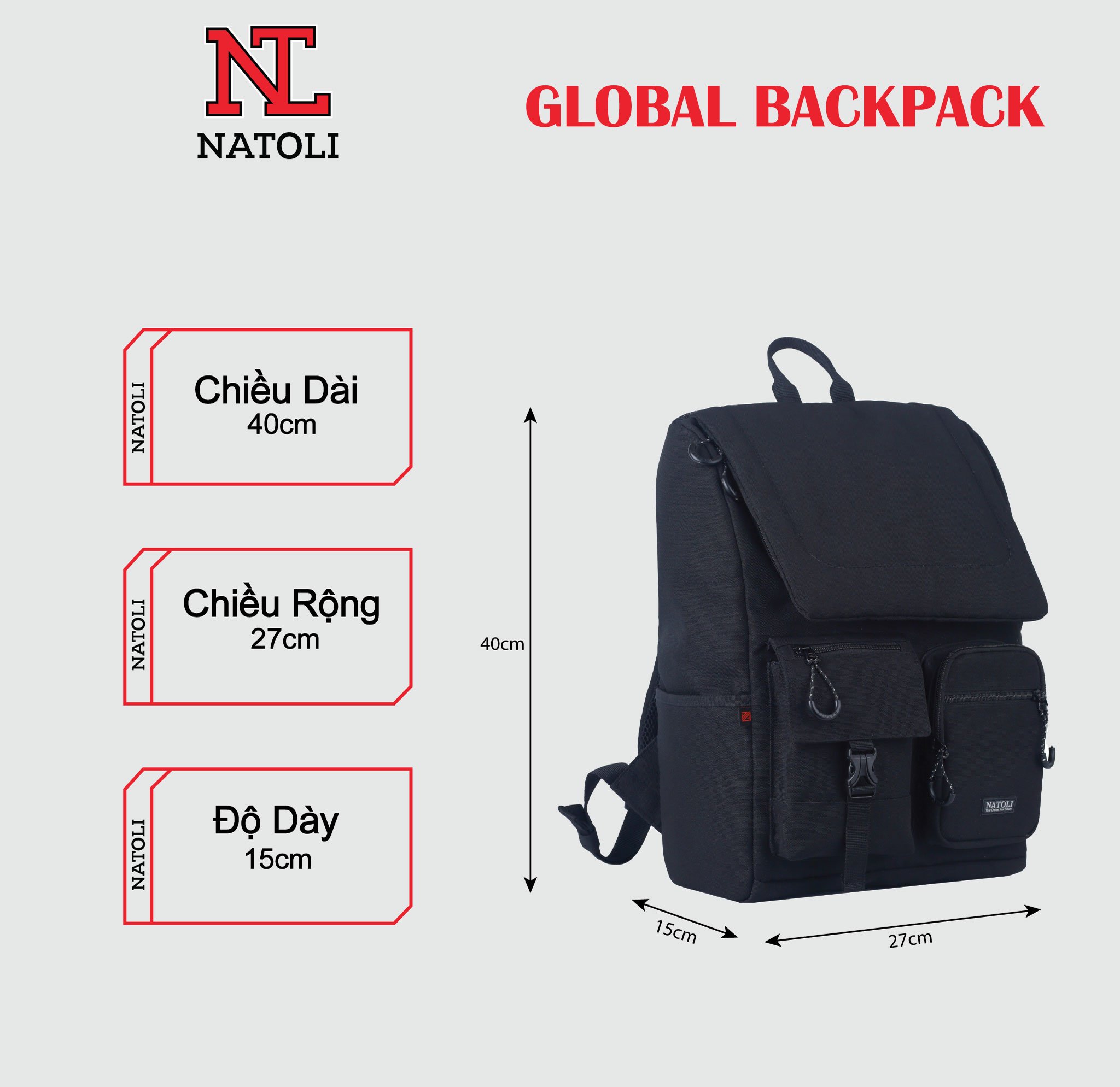 Balo đi học du lịch unisex Global Backpack B8 chính hãng NATOLI chất vải canvas kháng nước nhiều ngăn basic cao cấp