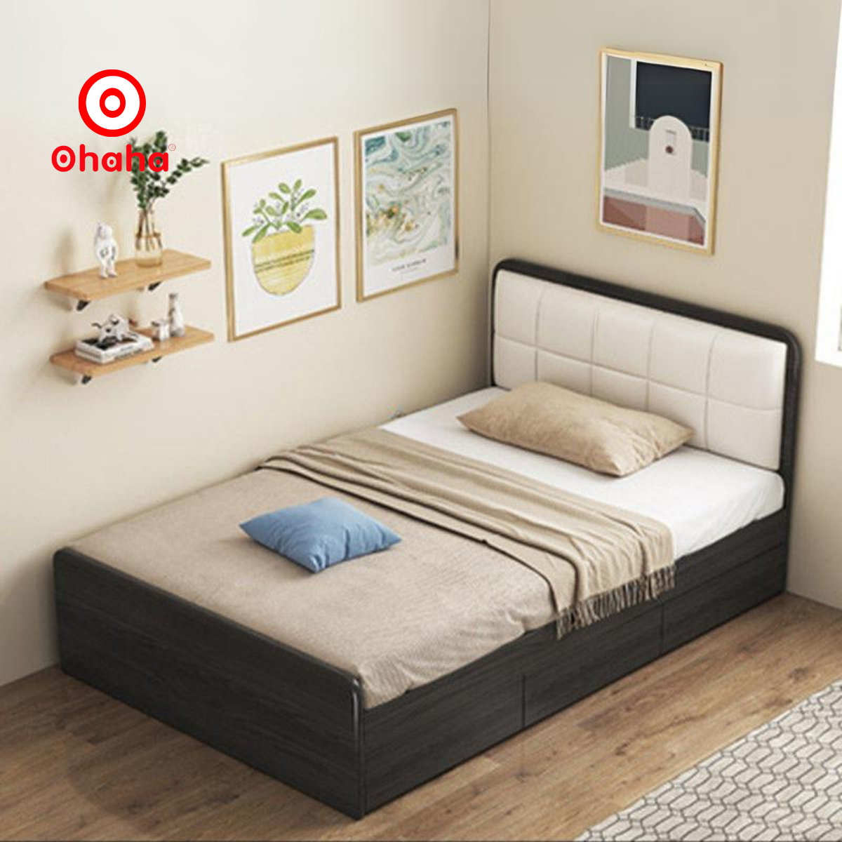 [Miễn phí lắp đặt &amp; vận chuyển] Giường ngủ gỗ cao cấp 2 hộc kéo bọc nệm đầu giường hiện đại Ohaha  - GN003