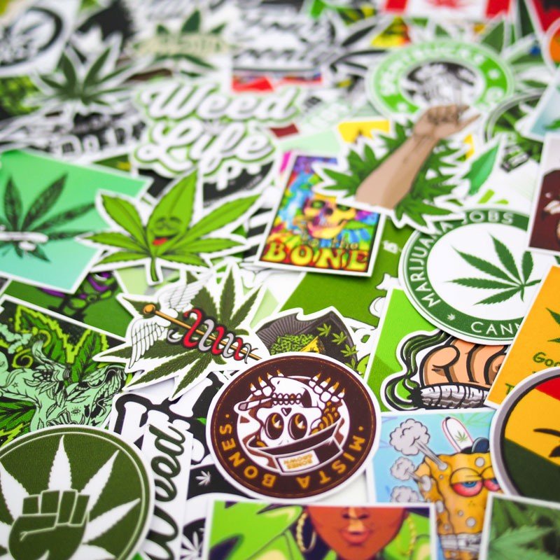 Hộp 100 Sticker Weed dán Laptop, Vali, Mũ bảo hiểm, Điện thoại, Xe máy, hình dán chủ đề Weed