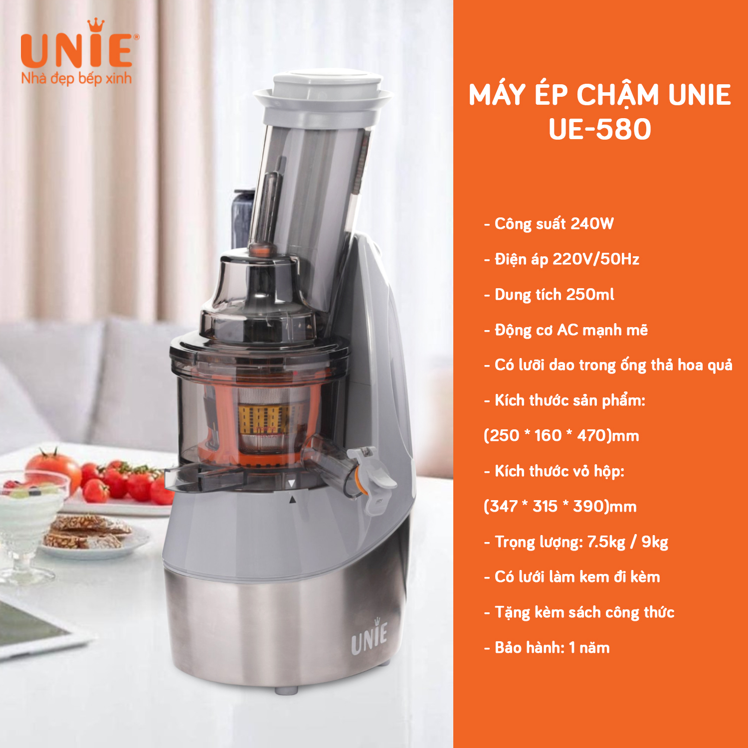 Máy Ép Trái Cây, Máy Ép Chậm UNIE UE-580 Tiêu Chuẩn Đức, Ép Kiệt Bã 99% Không Kẹt Máy Dung Tích 250 ML Công Suất 240 W - Hàng Chính Hãng