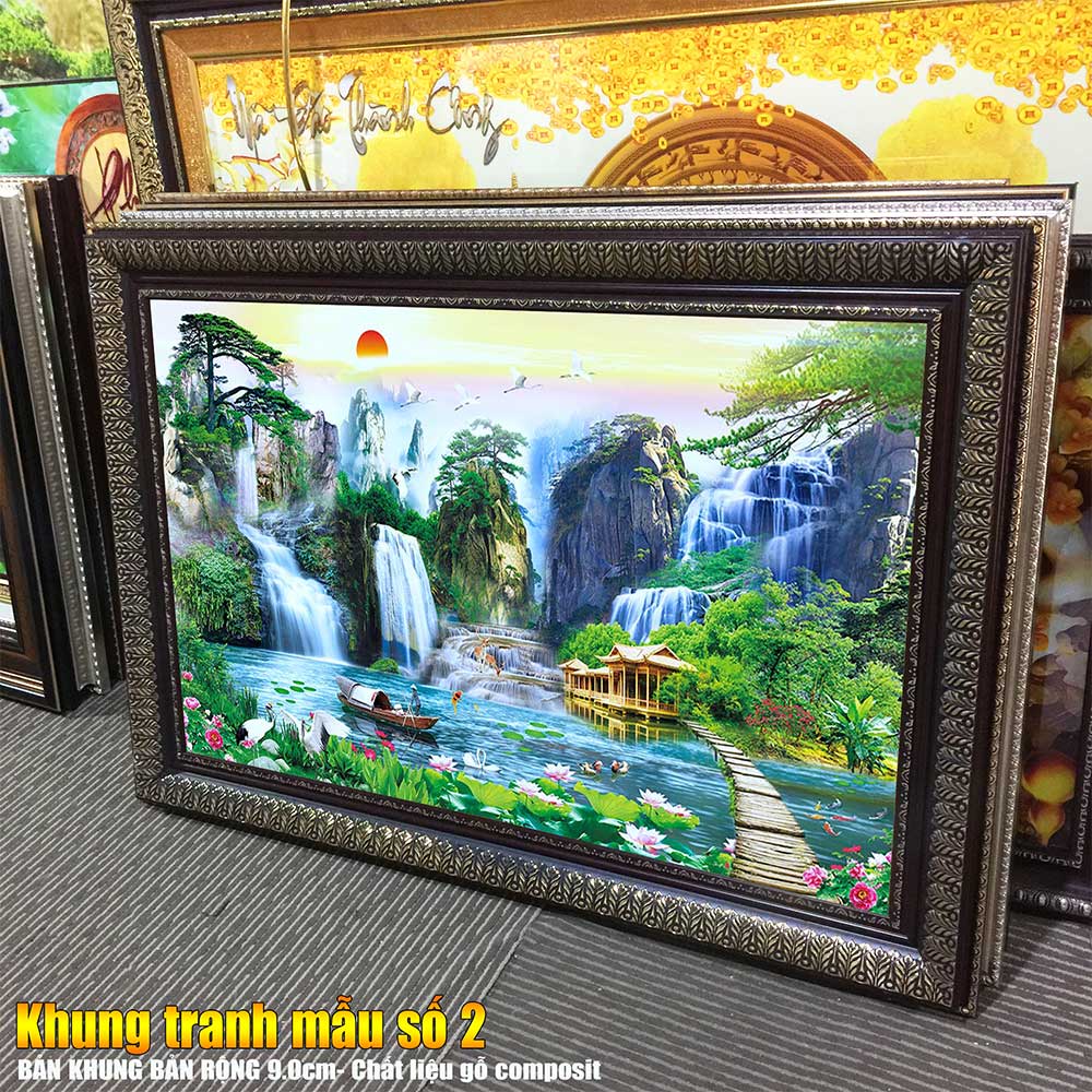 Tranh treo tường phòng khách, phòng ngủ SƠN THỦY HỮU TÌNH khung gỗ composit chất liệu pvc gương / lụa kim sa. MS:2049L9