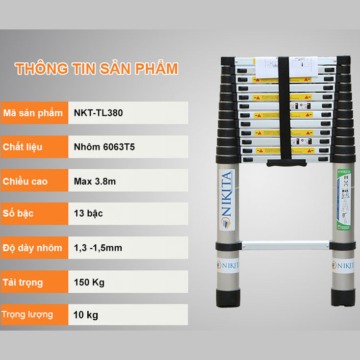 Thang nhôm rút gọn đơn - 13 bậc - 3,8 Mét