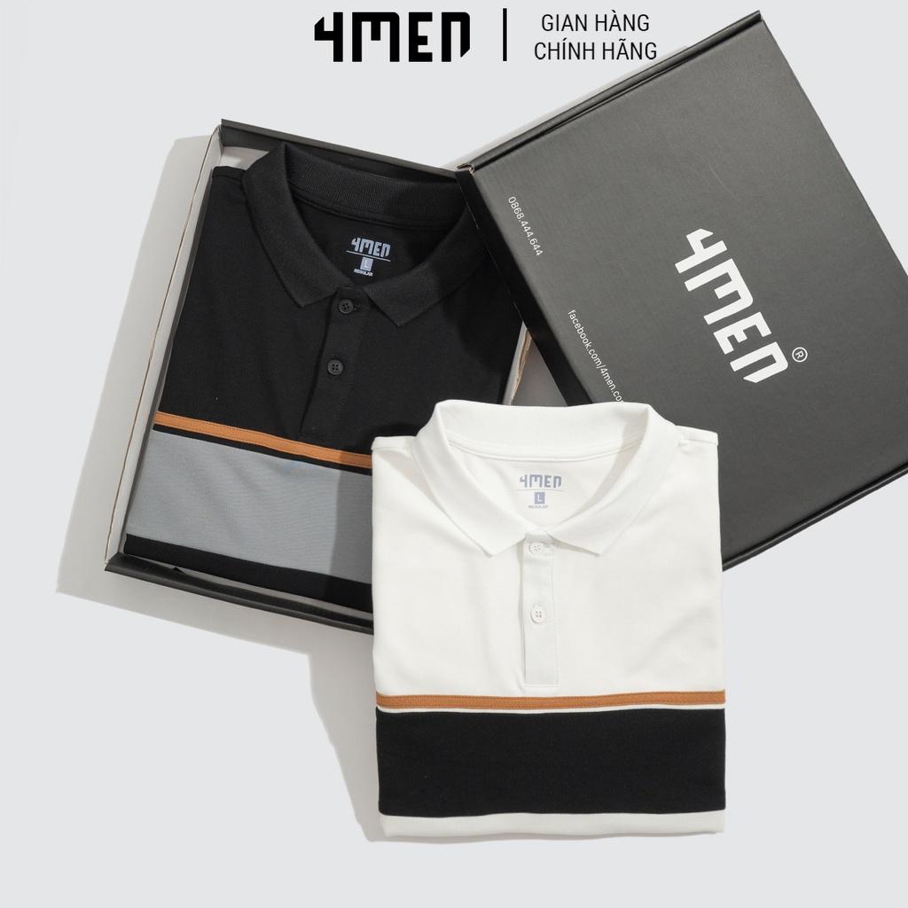 Áo thun polo nam có cổ đẹp 4MEN PO044 cổ trụ bẻ, vải cá sấu cotton cao cấp, phối màu kẻ ngang, chính hãng hàng hiệu