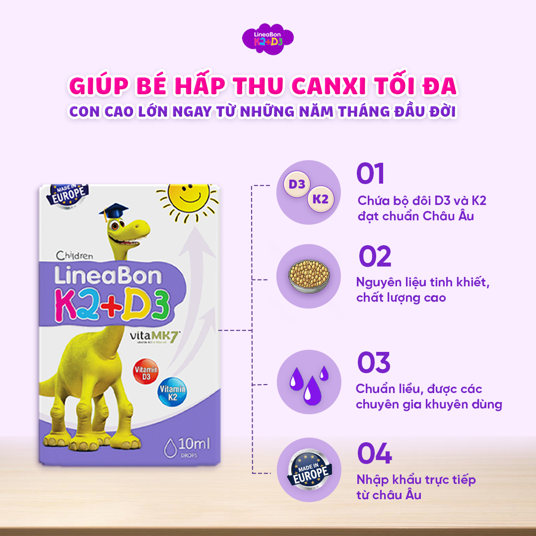 Combo 2 hộp Vitamin LineaBon K2 + D3 hỗ trợ chống còi xương, tăng chiều cao cho trẻ sơ sinh và trẻ nhỏ