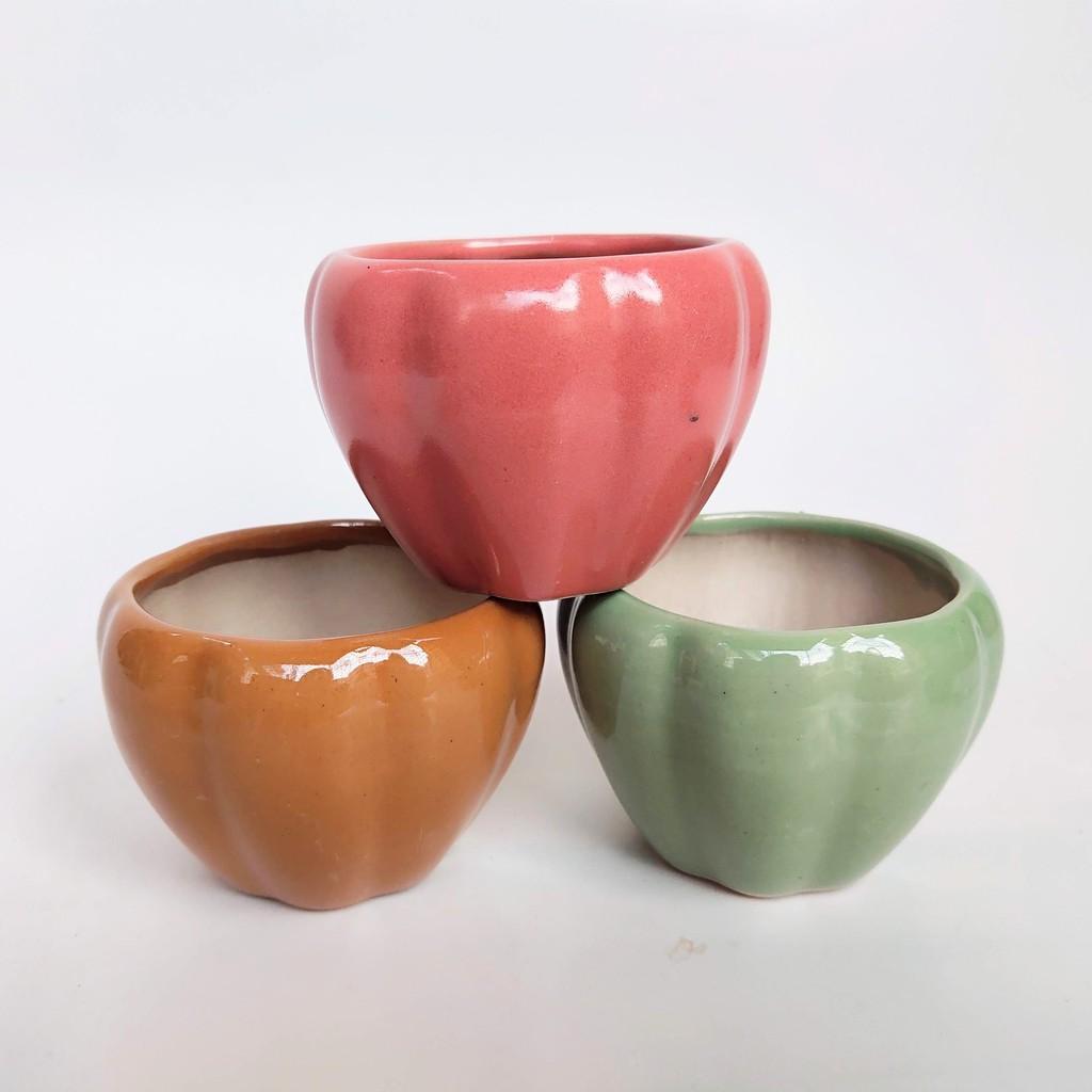 Chậu sứ mini hình quả bí ngô để bàn 8*6.5cm, sứ Bát Tràng, phù hợp trồng cây sen đá, xương rồng, cẩm nhung