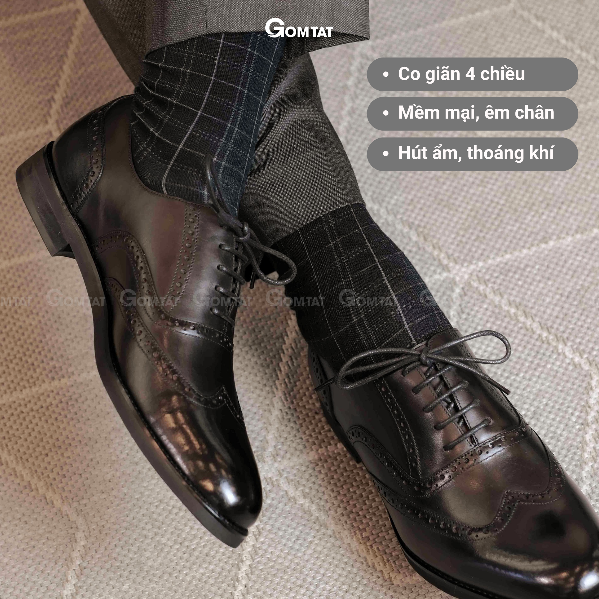 Tất Nam Công Sở Cổ Cao GOMTAT Màu Đen Caro Trắng Chất Liệu Cotton Cao Cấp Êm Mềm Đi Thoáng - GOM-TAY11-DENCAROTRANG