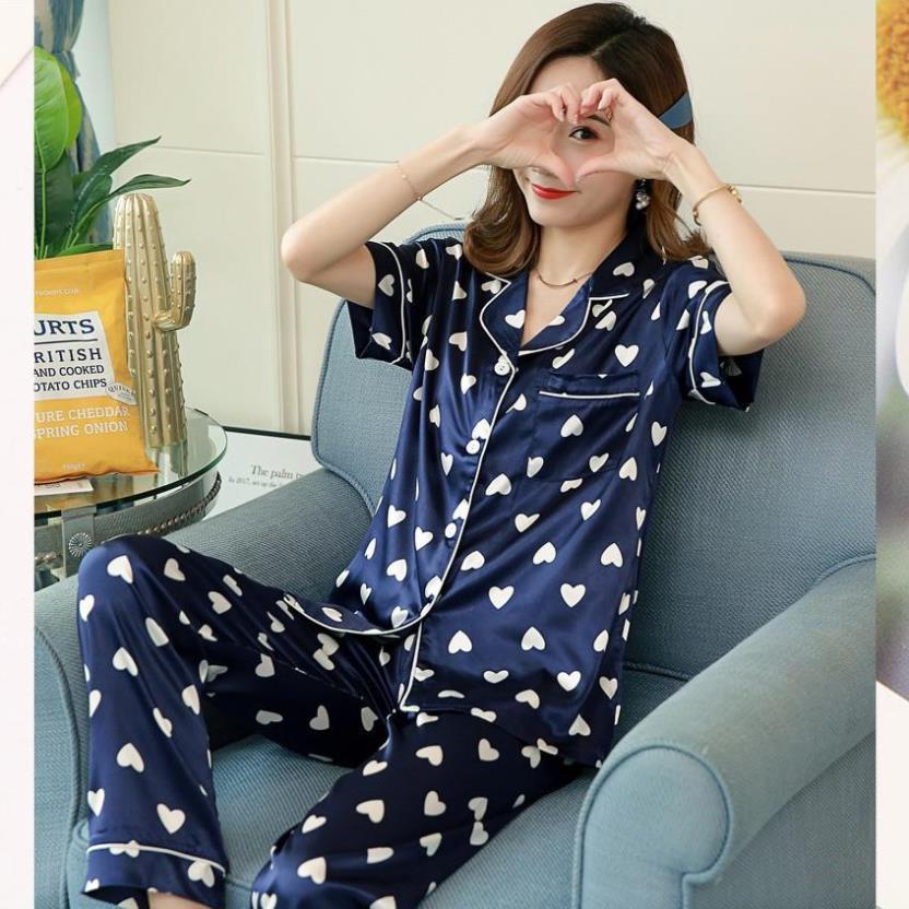 Đồ bộ dài nữ ️ ̀  ̂́ ️ Bộ Pijama lụa đẹp quyến rũ, áo ngắn tay, quần dài, dáng ngọt ngào B56A