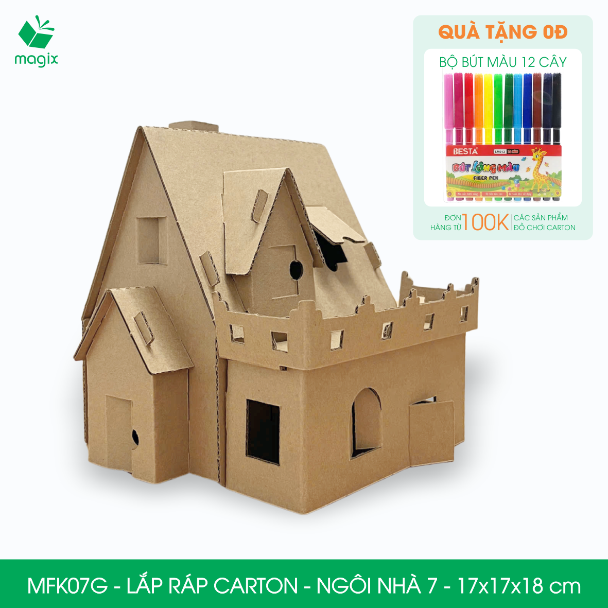 MFK07G - 17x17x18 cm - Mô hình ngôi nhà lắp ráp từ bìa carton cao cấp, nhà giấy carton mini sáng tạo