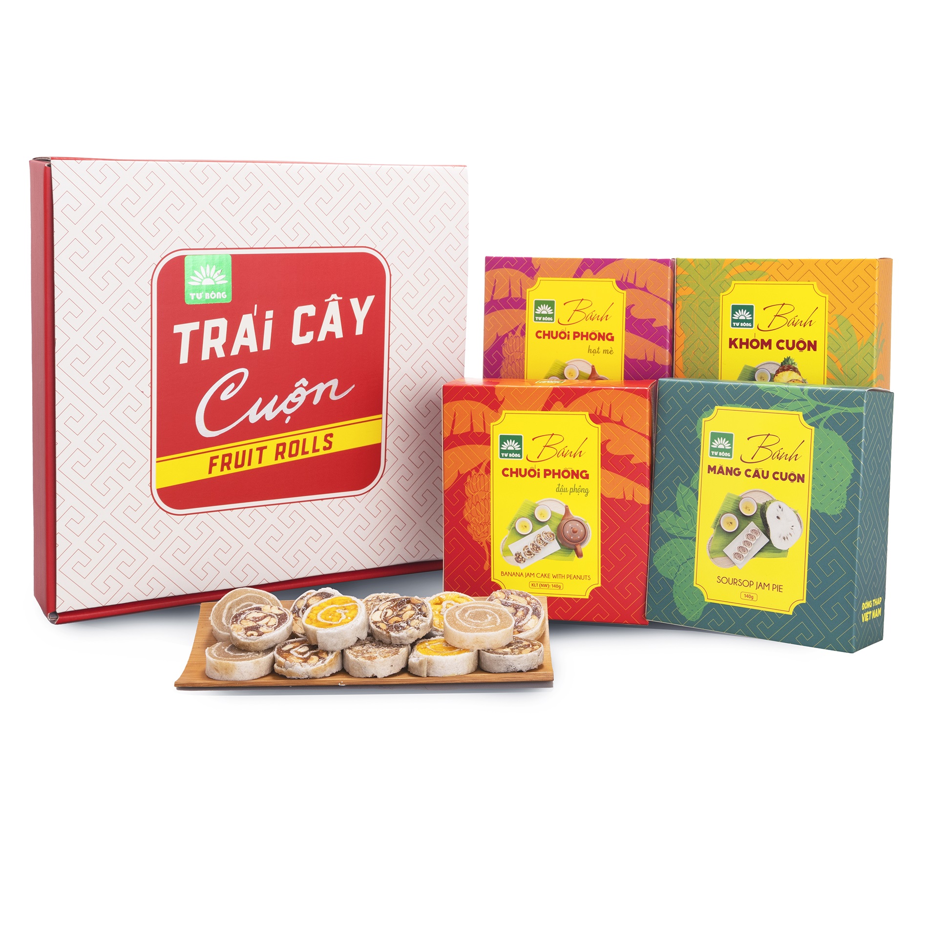 Combo 4 hộp mứt trái cây cuộn Tư Bông  ít ngọt, đặc sản Đồng Tháp làm quà biếu Tết