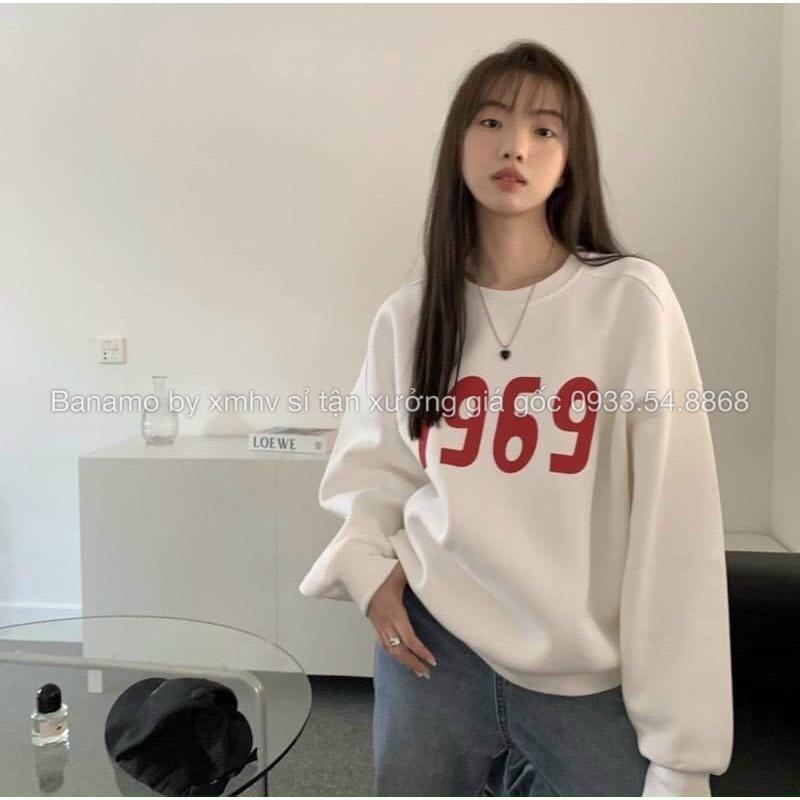 Áo nỉ nữ dài tay in chữ 1969 màu đen trắng thời trang Banamo Fashion 3913
