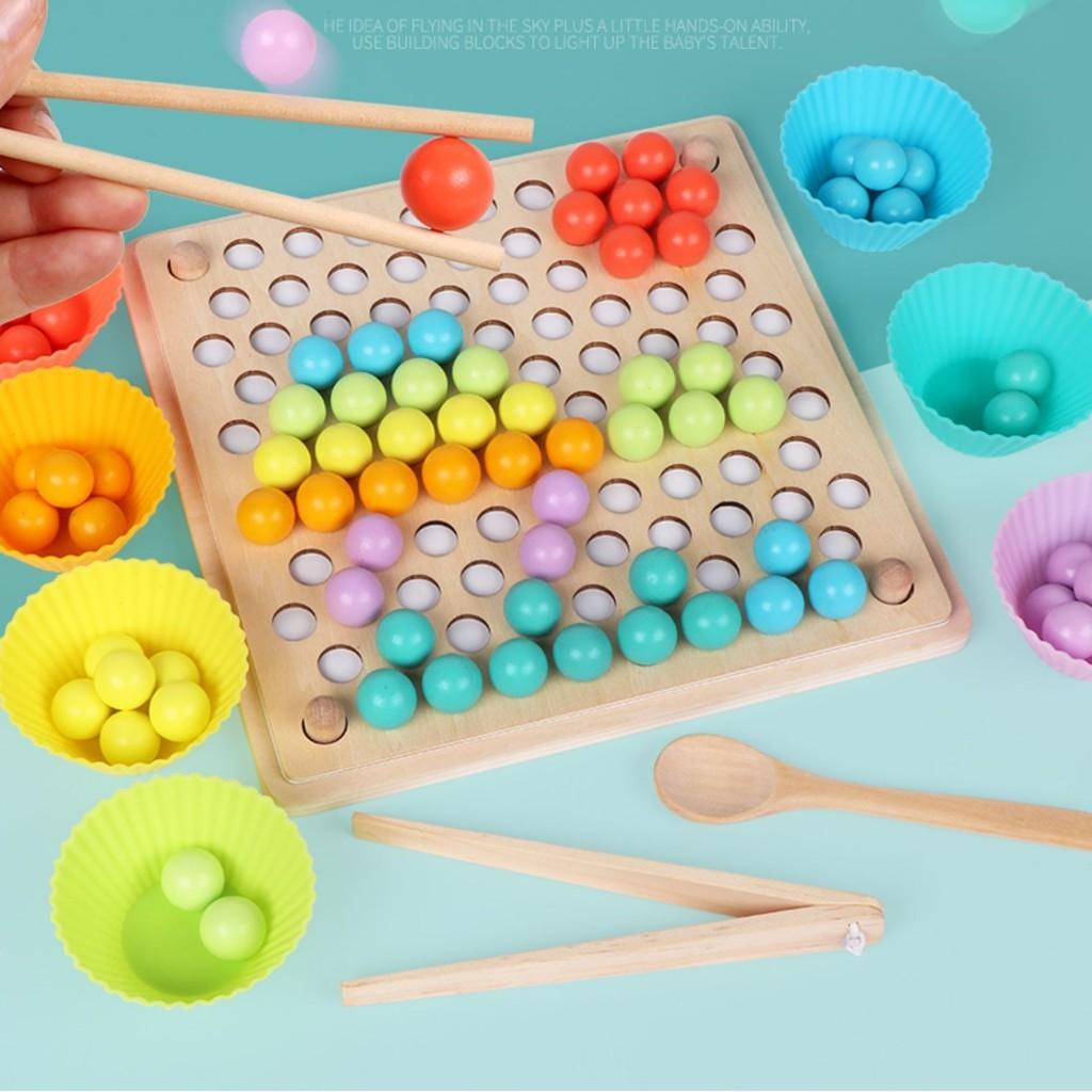 Bộ gắp hạt Gỗ số đếm kèm bát tăng tập trung cho trẻ MONTESSORI