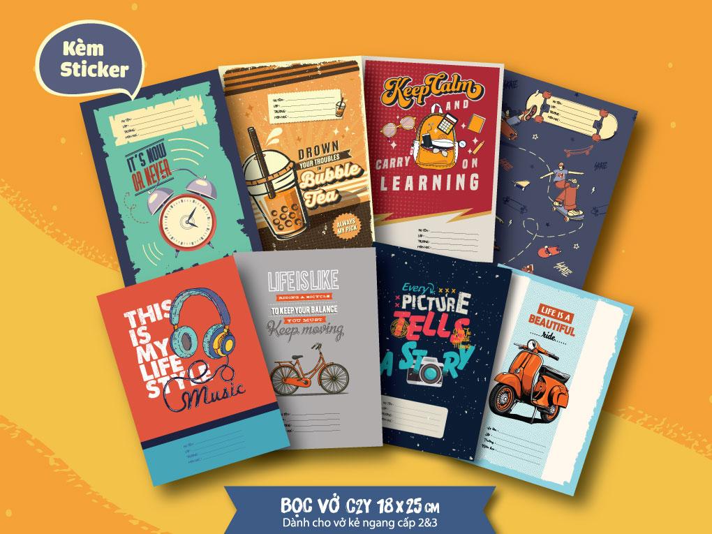 Bộ 8 Giấy Bọc Vở kẻ ngang kèm sticker Mây C2Y
