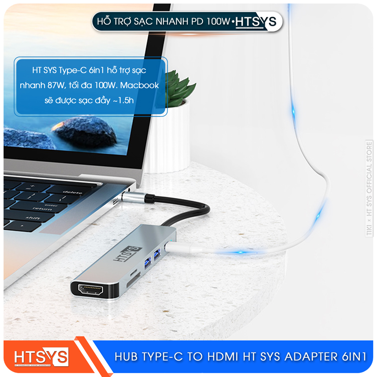 Hub Type C HT SYS 6 in 1 To HDMI, USB 3.0, SD, TF, PD 100W - Hàng Chính Hãng