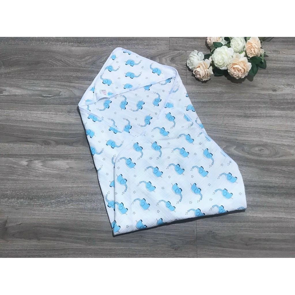 Chăn ủ có mũ 4 lớp nhăn WOOJY in hình 2 mặt cho bé