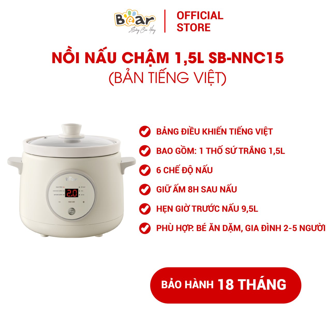 Nồi nấu chậm BEAR 2L Đa Năng Nấu Cháo Hầm Giữ Ấm Giữ Trọn Chất Dinh Dưỡng Bản Tiếng Việt SB-NNC20 - HÀNG CHÍNH HÃNG