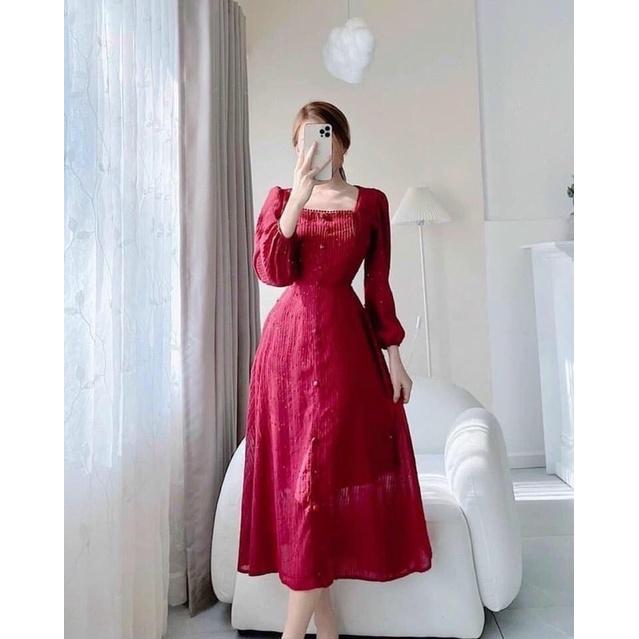 Đầm Maru màu đỏ dáng dài cột nơ dễ thương duyên dáng