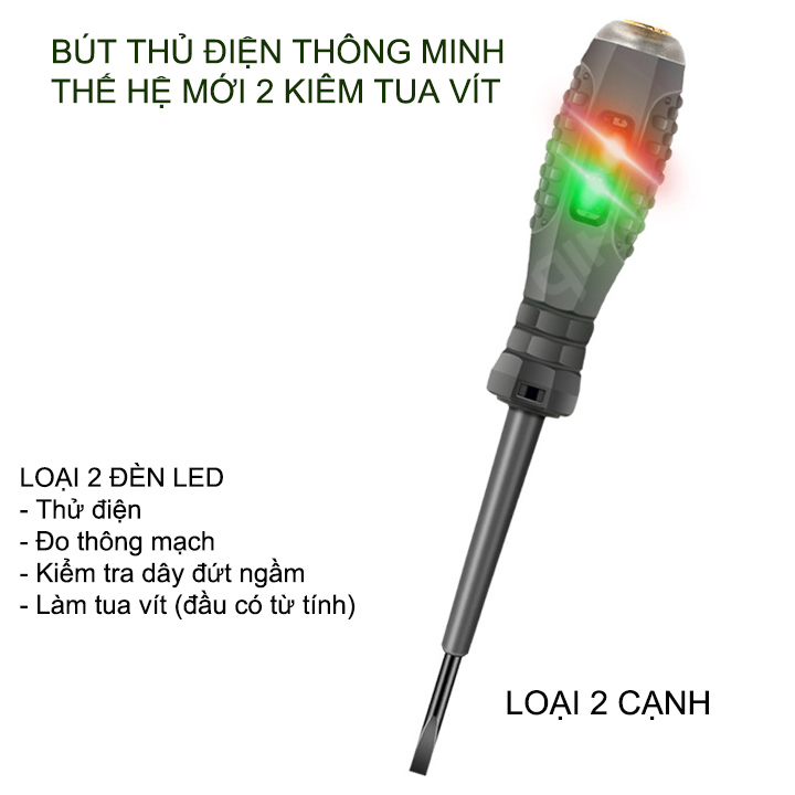 Bút thử điện thông minh thế hệ mới 02, với 2 đèn xanh đỏ, tua vít từ tính, kiểm tra dây điện đứt ngầm, đo thông mạch