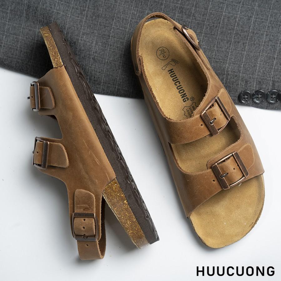 Giày Sandal Unisex HuuCuong 2 khóa Da Bò nâu đế trấu handmade