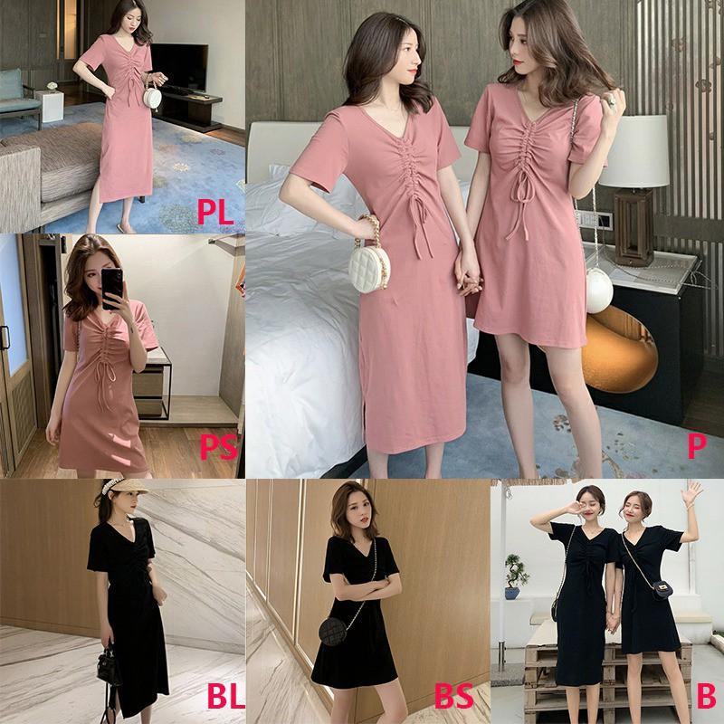 Đầm nữ ngắn tay cổ chữ V màu trơn