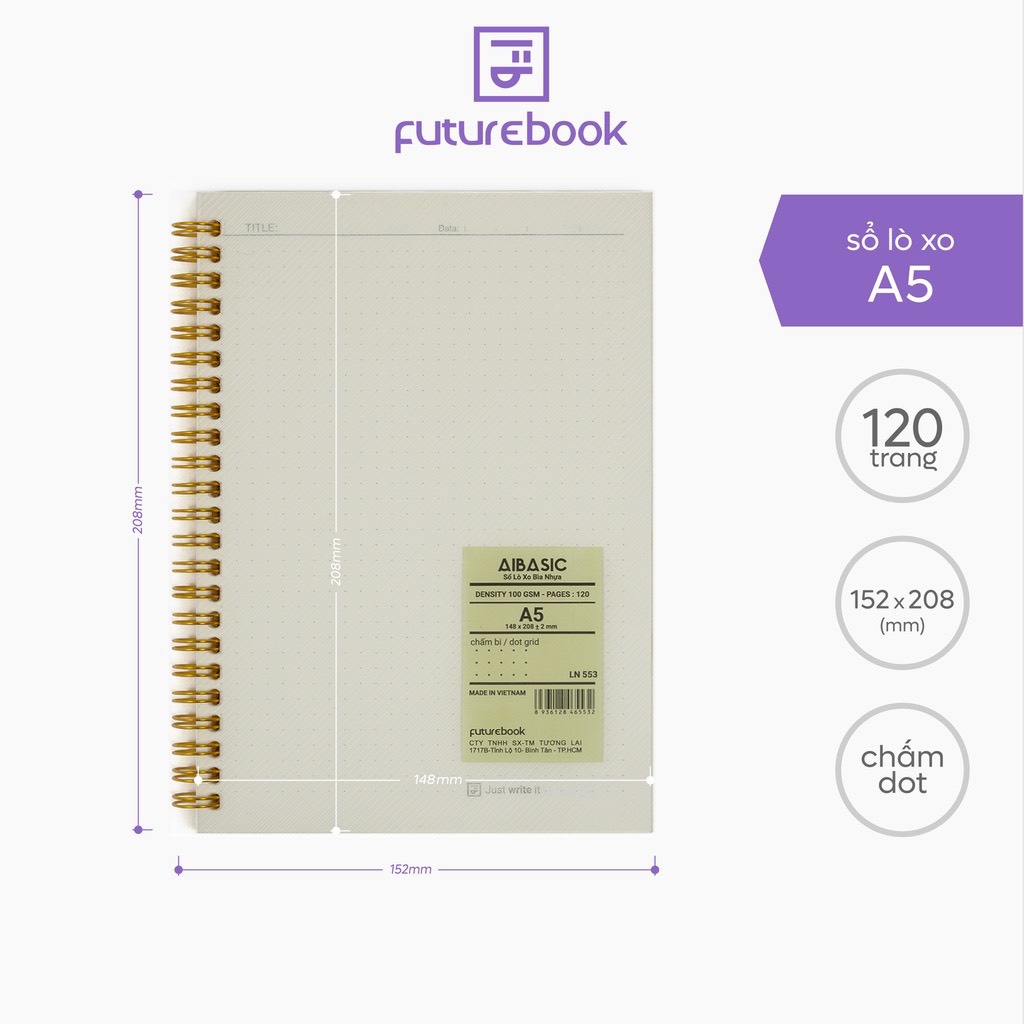 Sổ Lò Xo Bìa Nhựa Aibasic- Khổ A5- Caro, Kẻ Ngang, Chấm Dot. Phong cách Nhật Bản. VPP FUTUREBOOK. Giao mẫu ngẫu nhiên